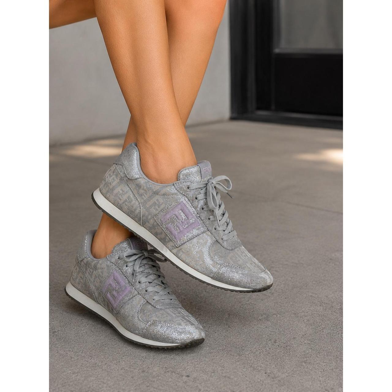 Fendi Zucca Monogram Metallic Silver Grey Low Top Sneakers  FF Logo