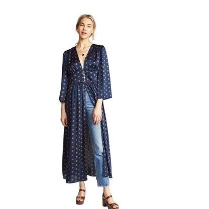 Free People  Alexa Duster  Floral Print V Neck Button Front size Satin size L
