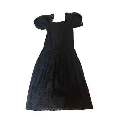 Merlette Midi Dress Women's Size S Black Lattice Silk Puff Sleeve