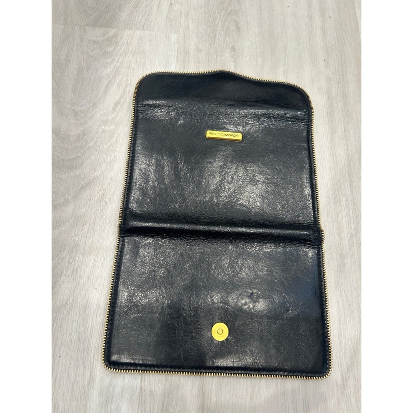 Rebecca Minkoff Black Leather Zip Around Wallet Organizer Paper Plastic Gold