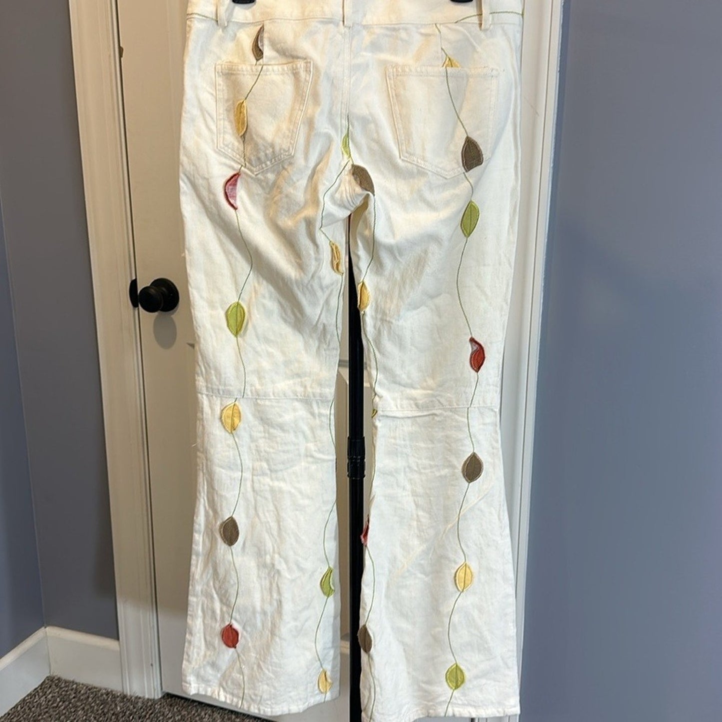 Alice + Olivia Cream Flare Pants with Multicolor Leaf Design