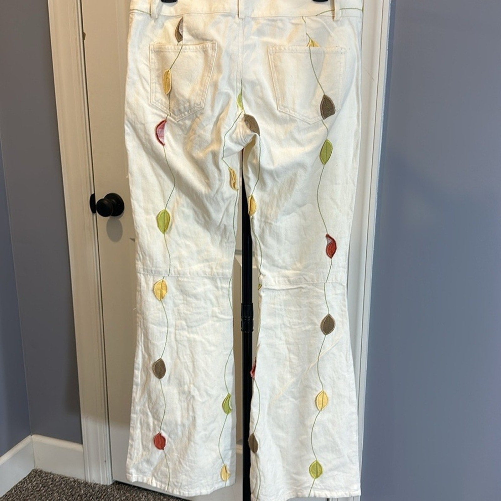 Alice + Olivia Cream Flare Pants with Multicolor Leaf Design