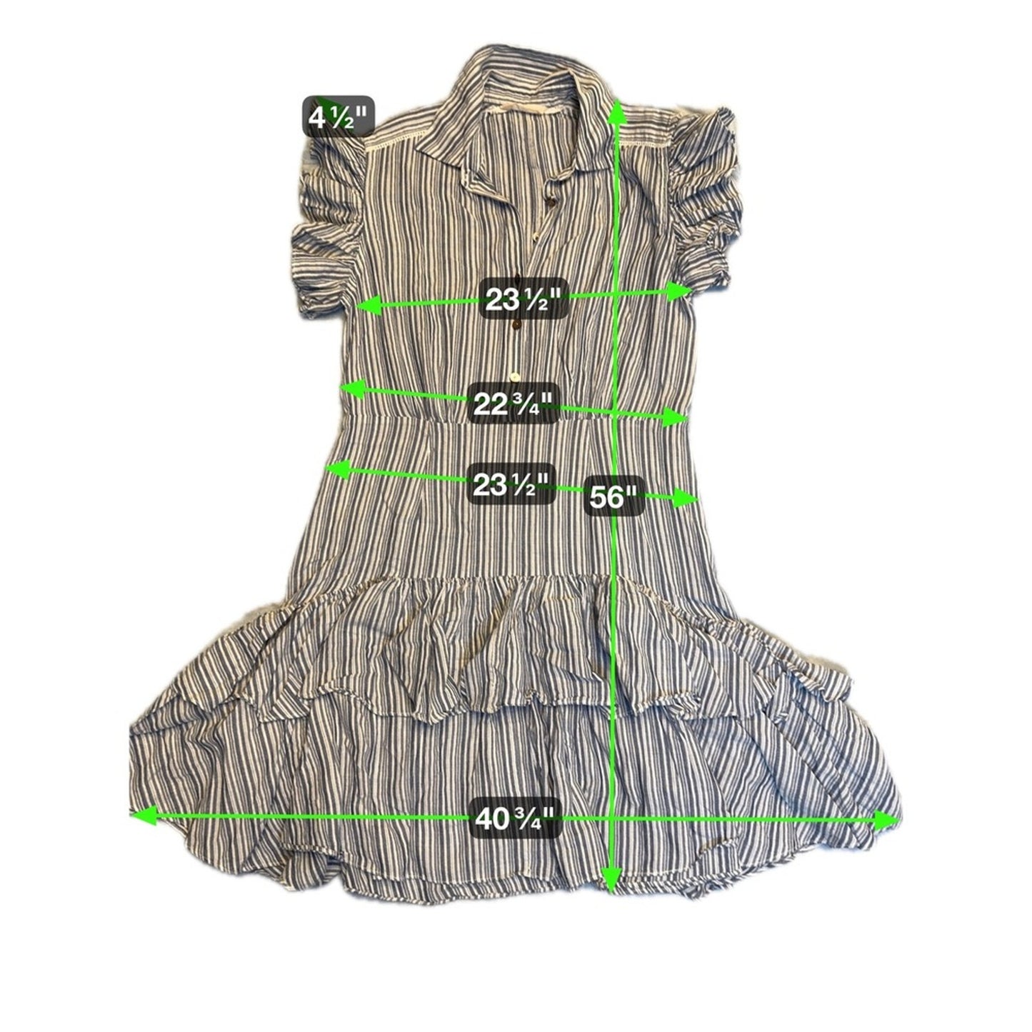 Striped Ruffle Mini Dress Blue White Button Front Short Sleeve Tie Waist L