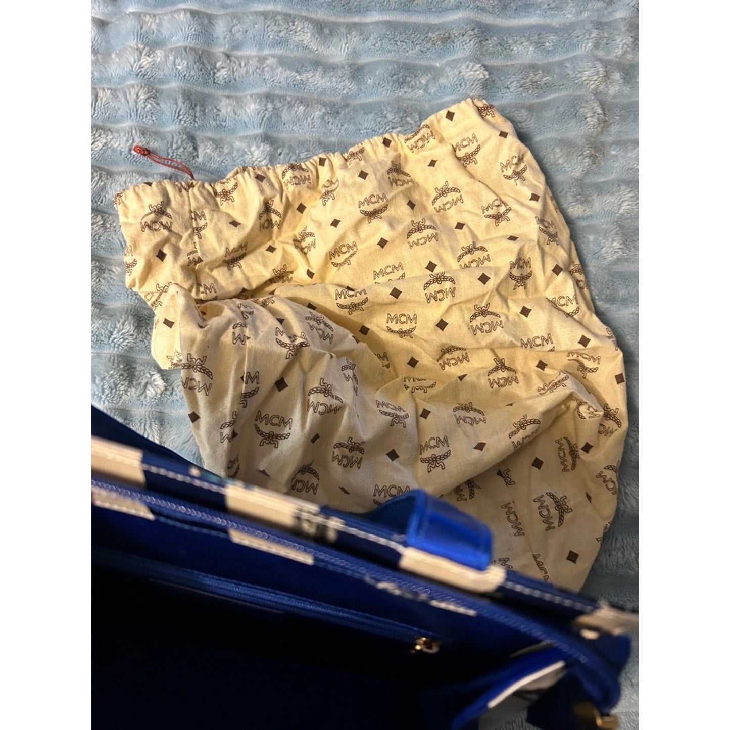 MCM Tote Bag Blue White Stripe Print Leather Trim Gold Hardware