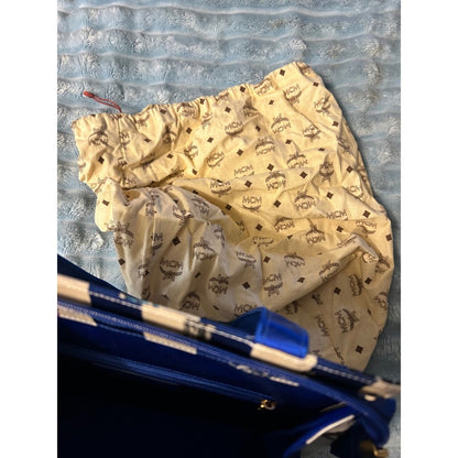 MCM Tote Bag Blue White Stripe Print Leather Trim Gold Hardware