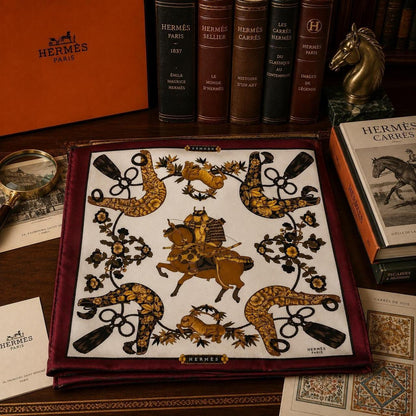 Hermes Parures de Samourais Silk Scarf Burgundy Gold Aline Honore 80cm Square