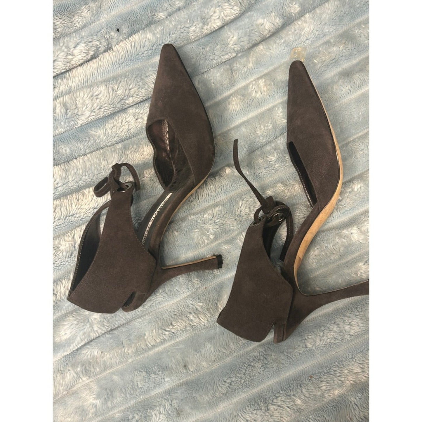 Manolo Blahnik Brown Suede Pointed Toe Lace Up Ankle Wrap Pumps Heels Size 37 EU