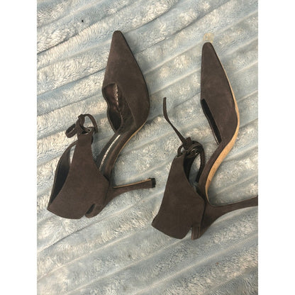 Manolo Blahnik Brown Suede Pointed Toe Lace Up Ankle Wrap Pumps Heels Size 37 EU