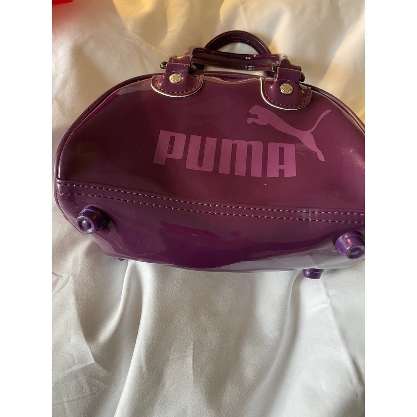 Puma Purple Patent Vinyl Mini Handbag Purse Logo Zip Closure Studs