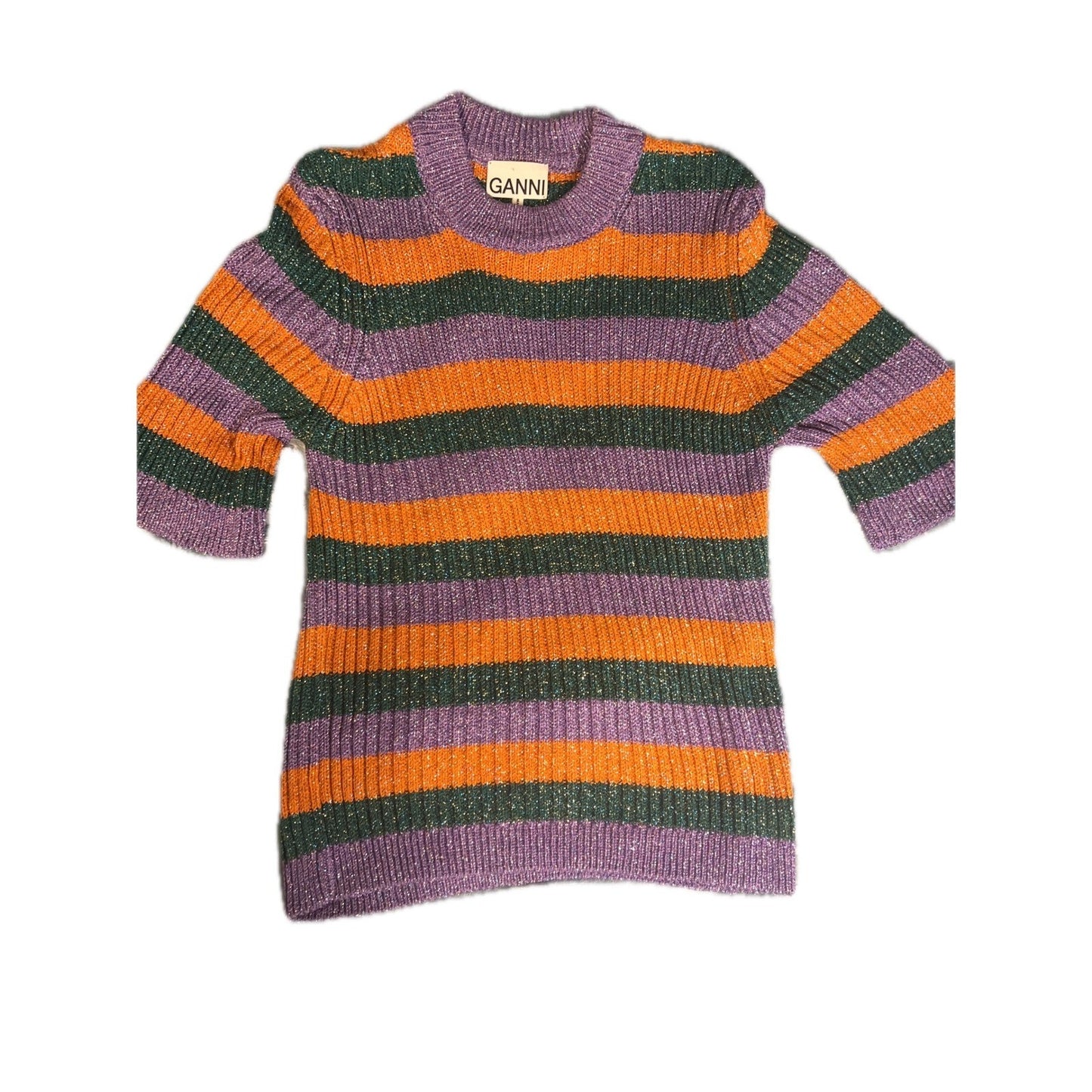 Ganni Womens Multicolor Striped Metallic Knit Short Sleeve Sweater Top Purple S