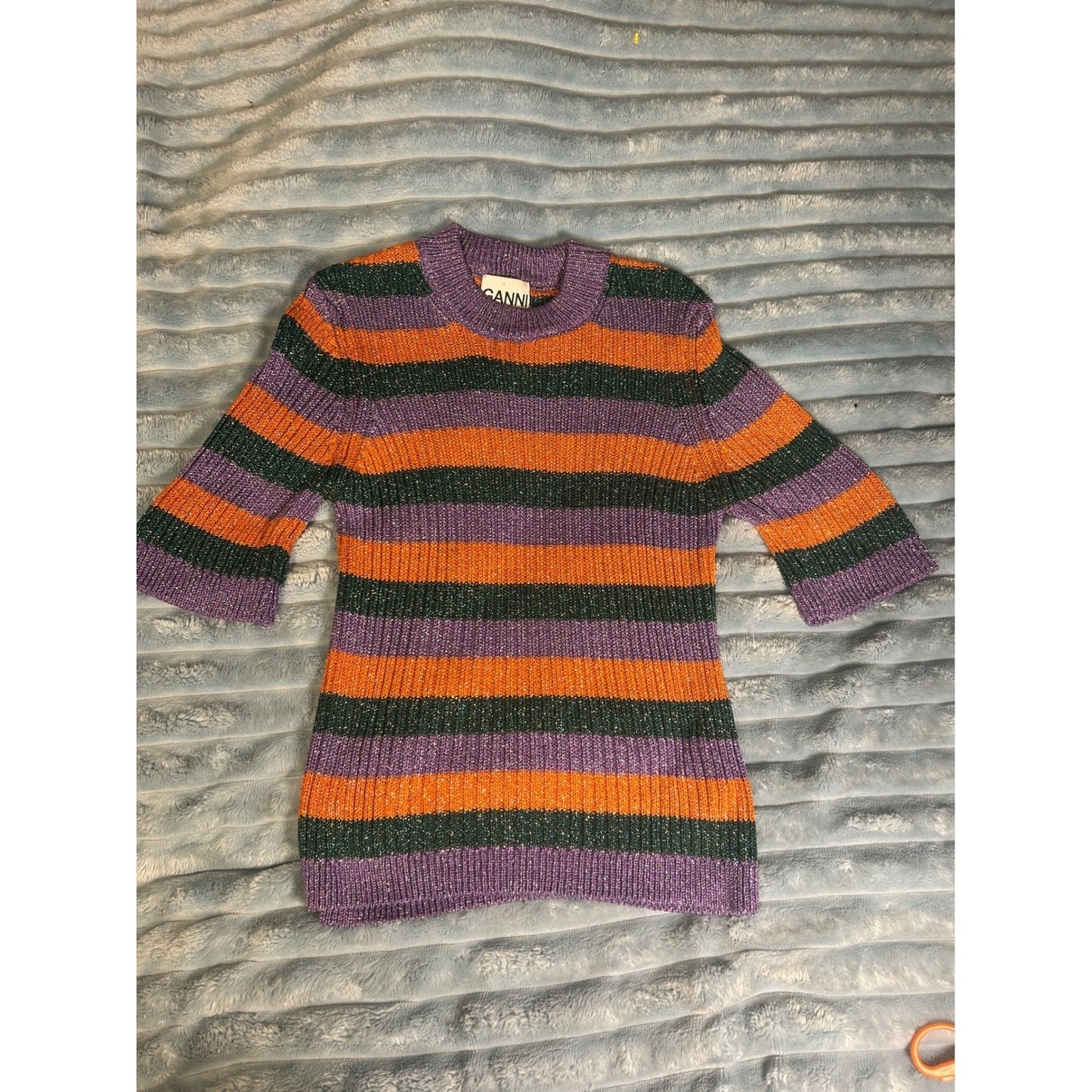Ganni Womens Multicolor Striped Metallic Knit Short Sleeve Sweater Top Purple S