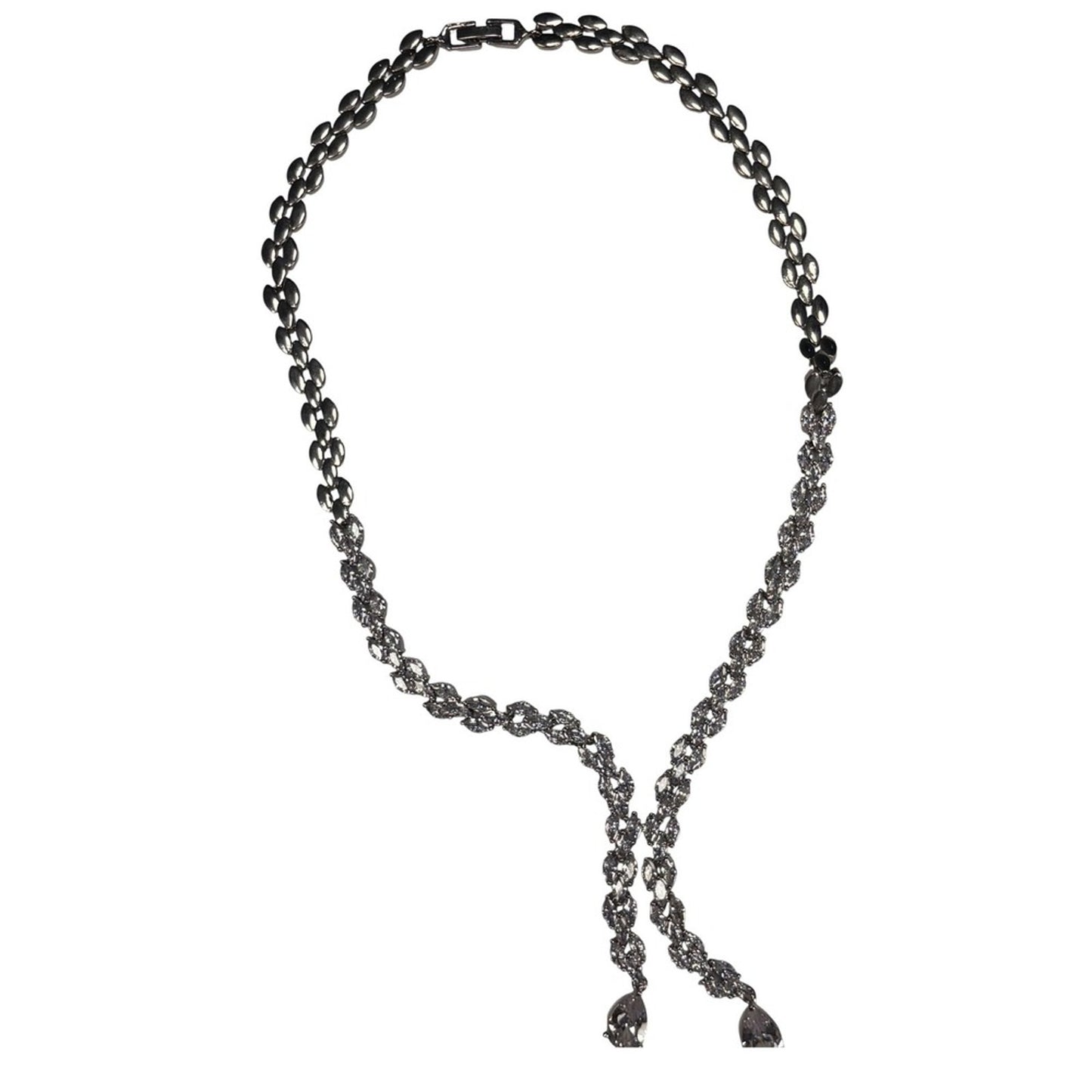 Sparkling Rhinestone Y Necklace Silver Tone Marquise Cut Dangle Pendant