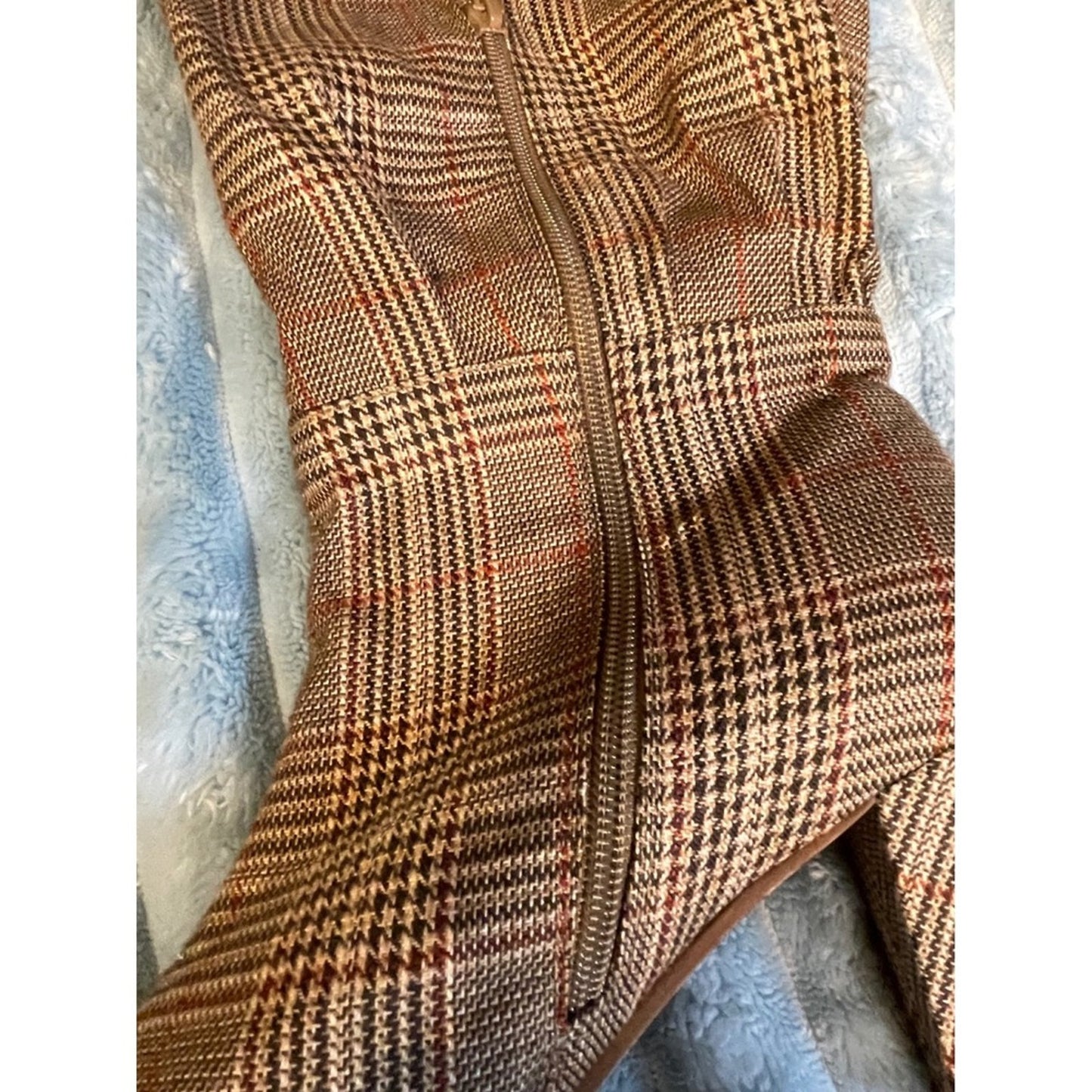 Brown Plaid Over The Knee Boots Women's Size 10 Stiletto Heel Lace Up Detail
