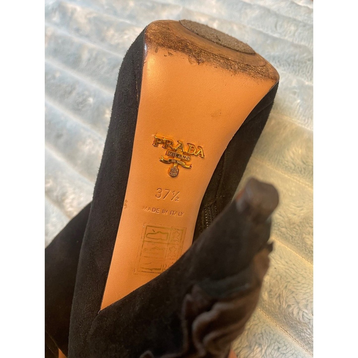 Prada Black Suede Ruffle Accent Ankle Boots Heels Size 37.5  -7.5 -8 Italian