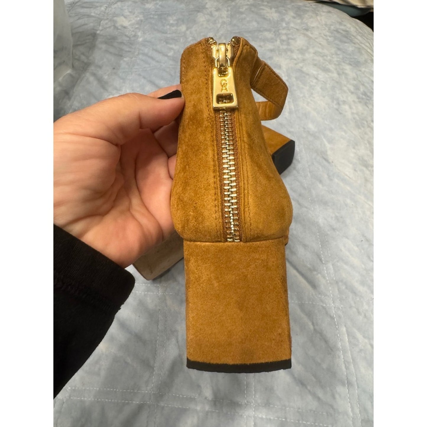 Good American Suede Ankle Strap Square Toe Block Heel Sandals, Size 10