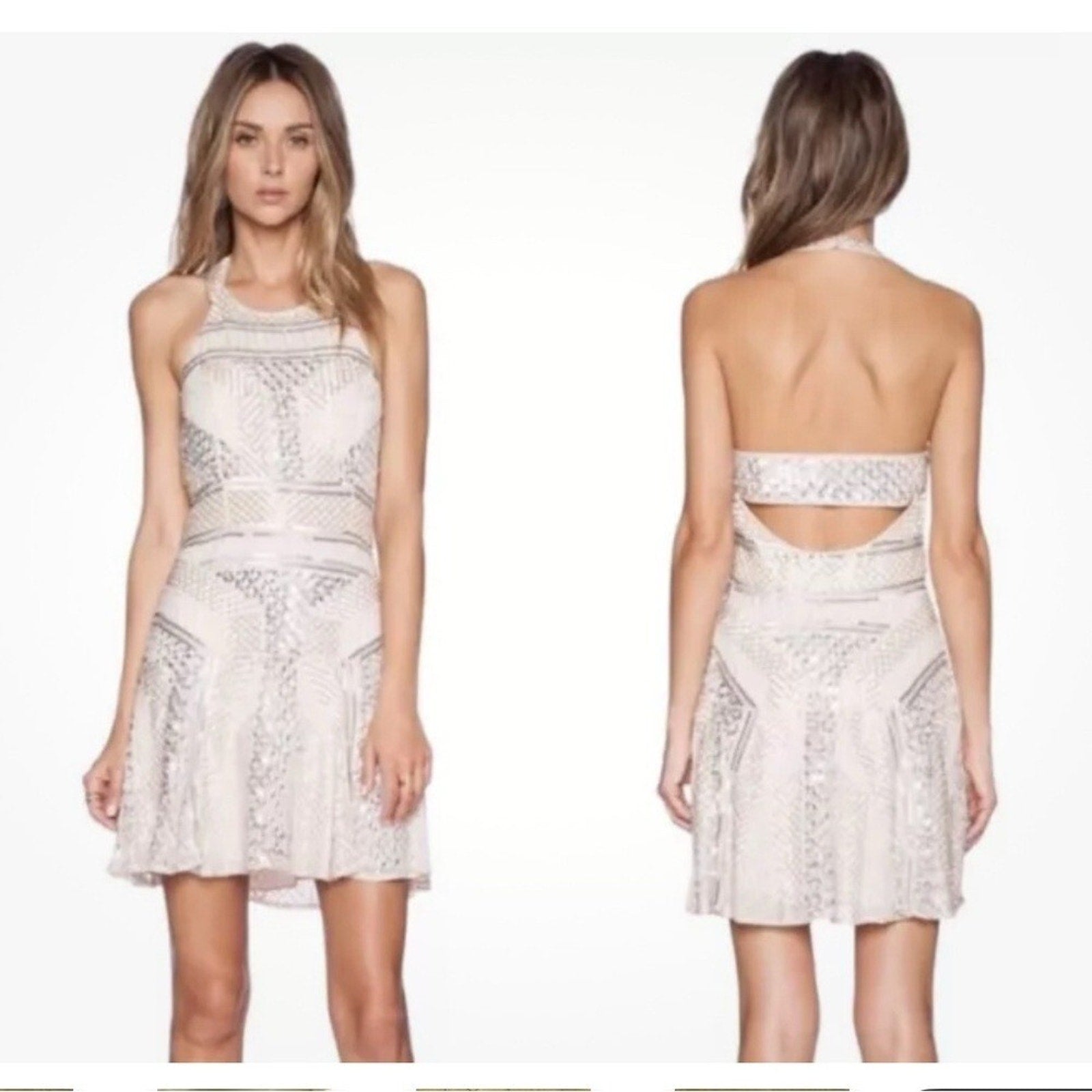 Parker Silver Grey Beaded Cocktail Mini Dress size L