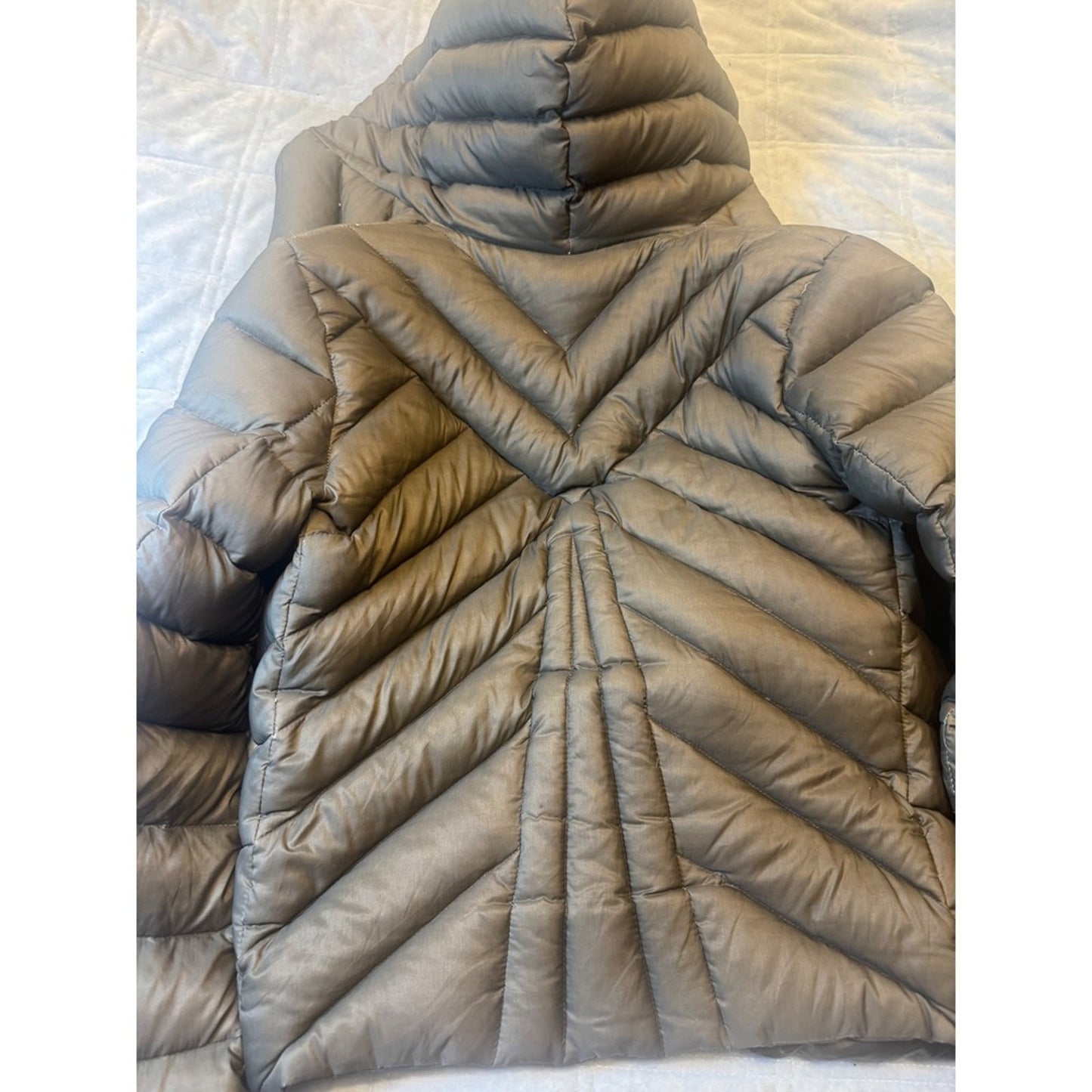 Helmut Lang Gray Down Puffer Jacket with Hood Asymmetrical Zip Womens Small S