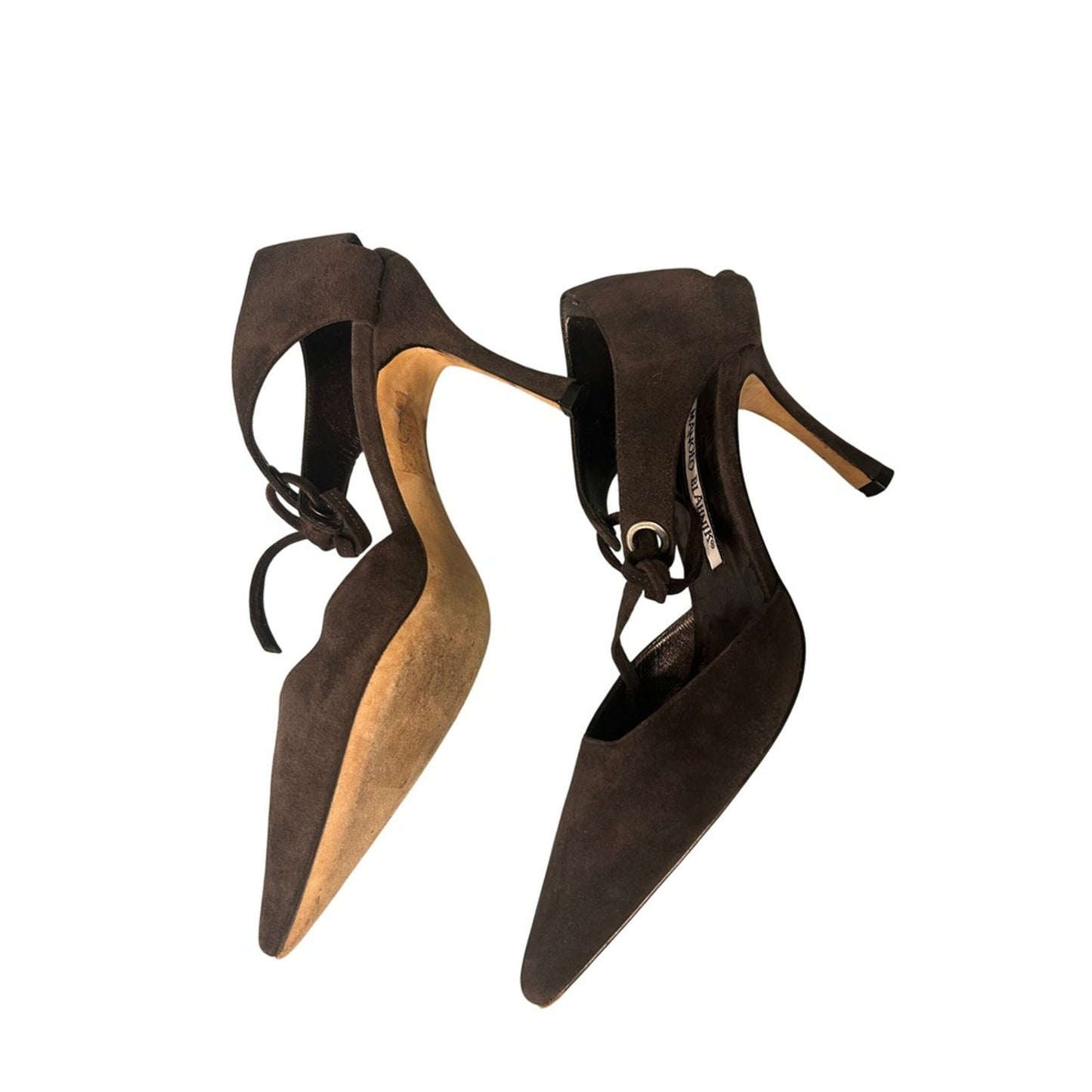 Manolo Blahnik Brown Suede Pointed Toe Lace Up Ankle Wrap Pumps Heels Size 37 EU