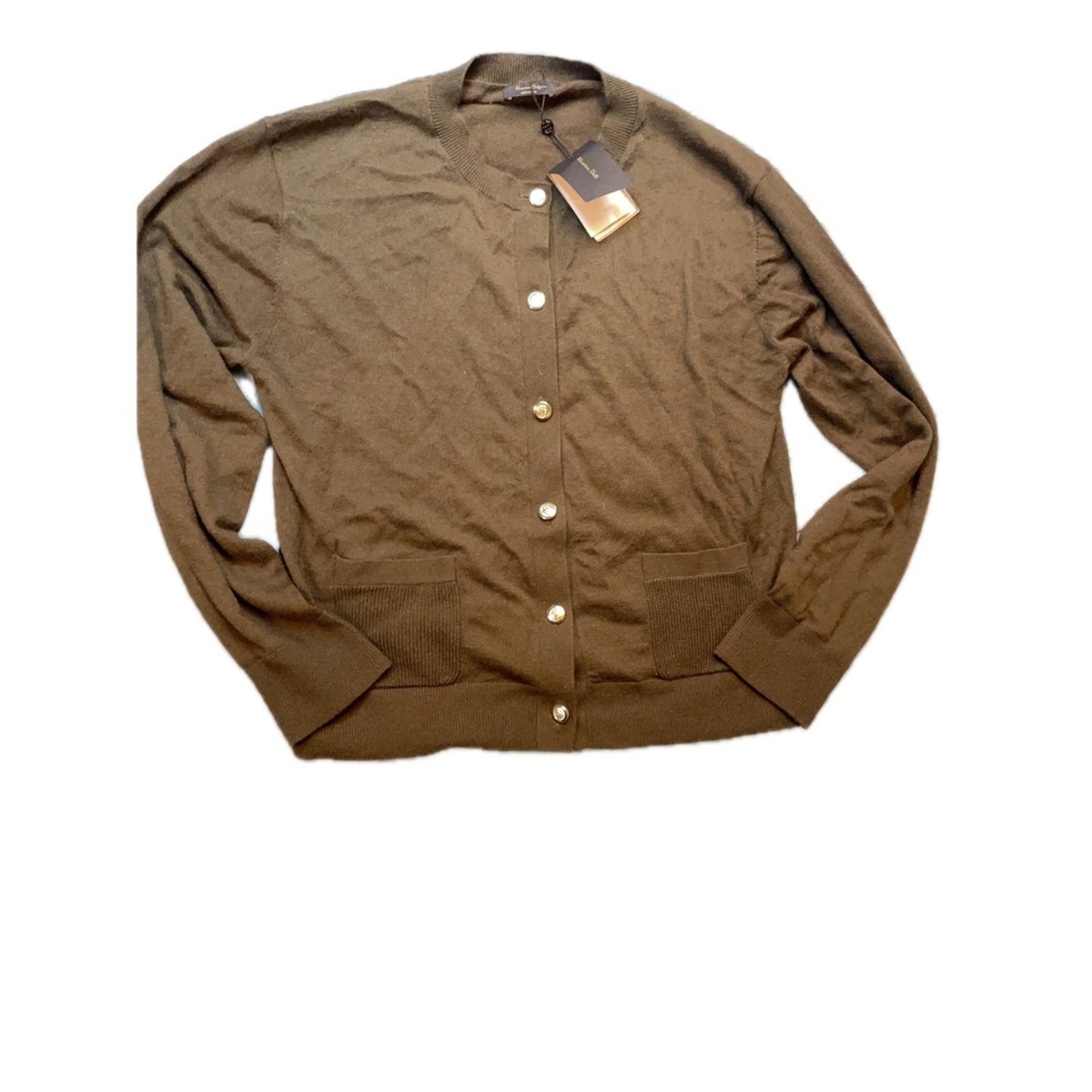 Massimo Dutti Olive Green Cardigan Button Front Crew Neck Pockets Knit M NWT
