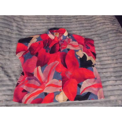 FARM RIO Button Front Blouse Red Pink Blue Floral Print Short Sleeve size S NWT