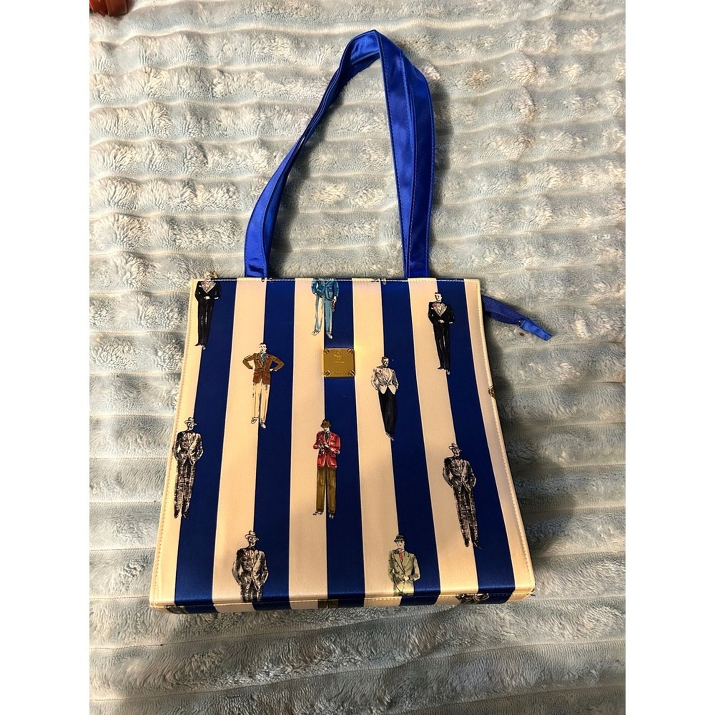 MCM Tote Bag Blue White Stripe Print Leather Trim Gold Hardware