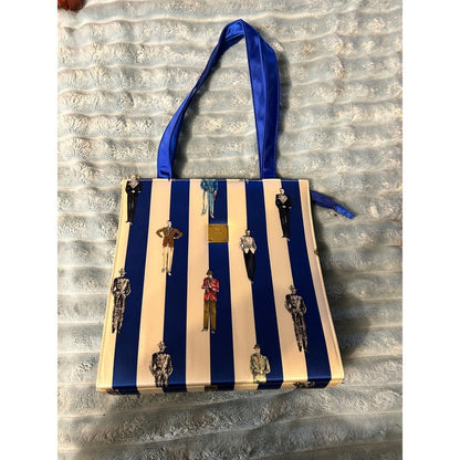 MCM Tote Bag Blue White Stripe Print Leather Trim Gold Hardware