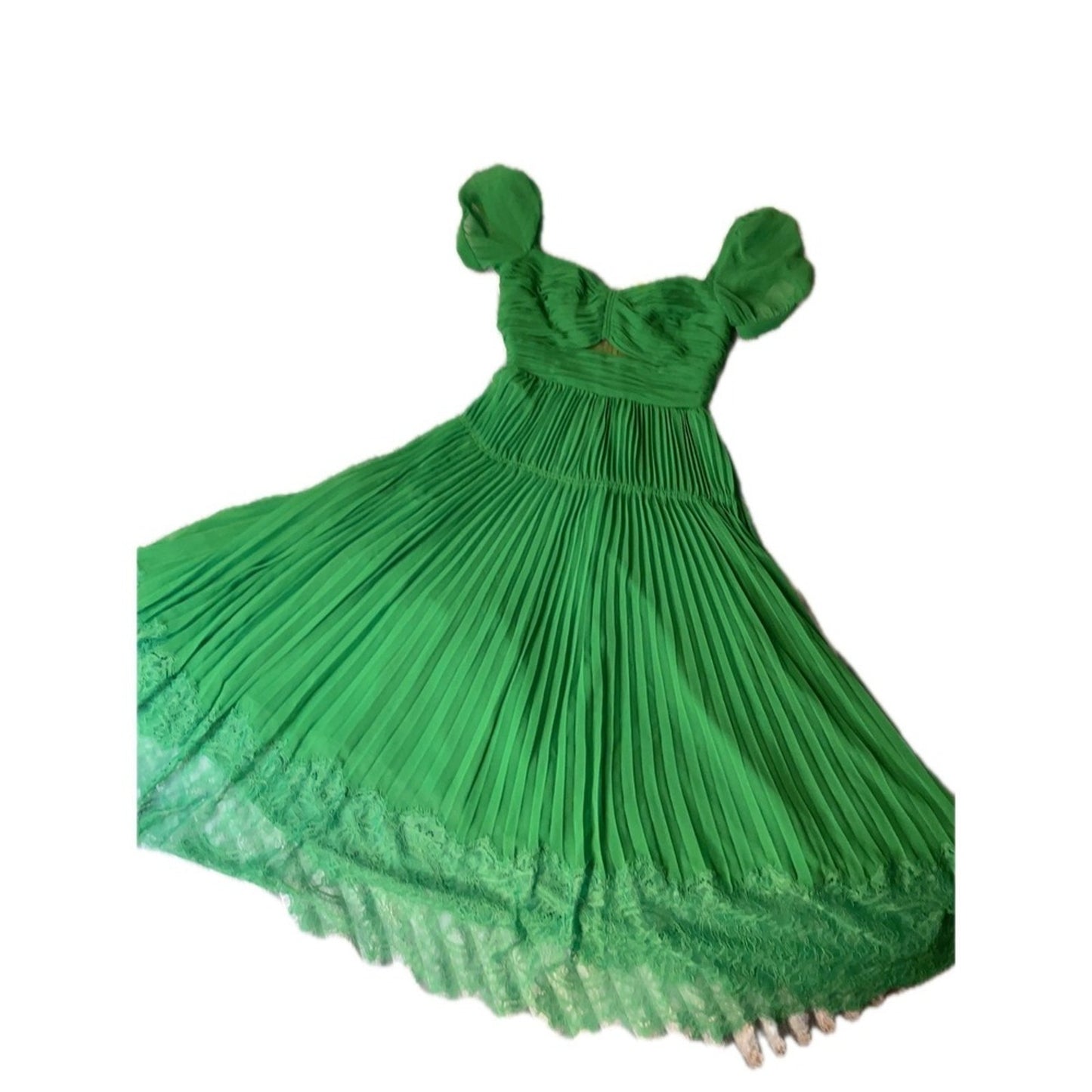 Self-Portrait Green Pleated Midi Dress | Lace Trim | Size US 4