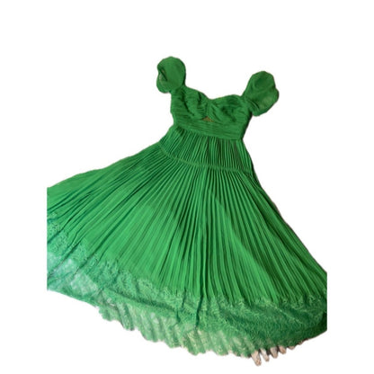 Self-Portrait Green Pleated Midi Dress | Lace Trim | Size US 4
