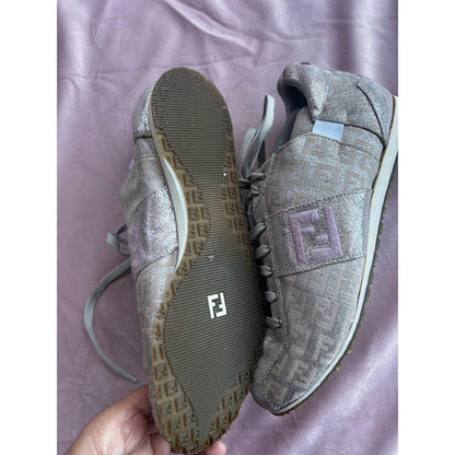 Fendi Zucca Monogram Metallic Silver Grey Low Top Sneakers  FF Logo