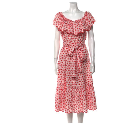 Lisa Marie Fernandez Floral Print Off The Shoulder Midi Dress Red White Size L