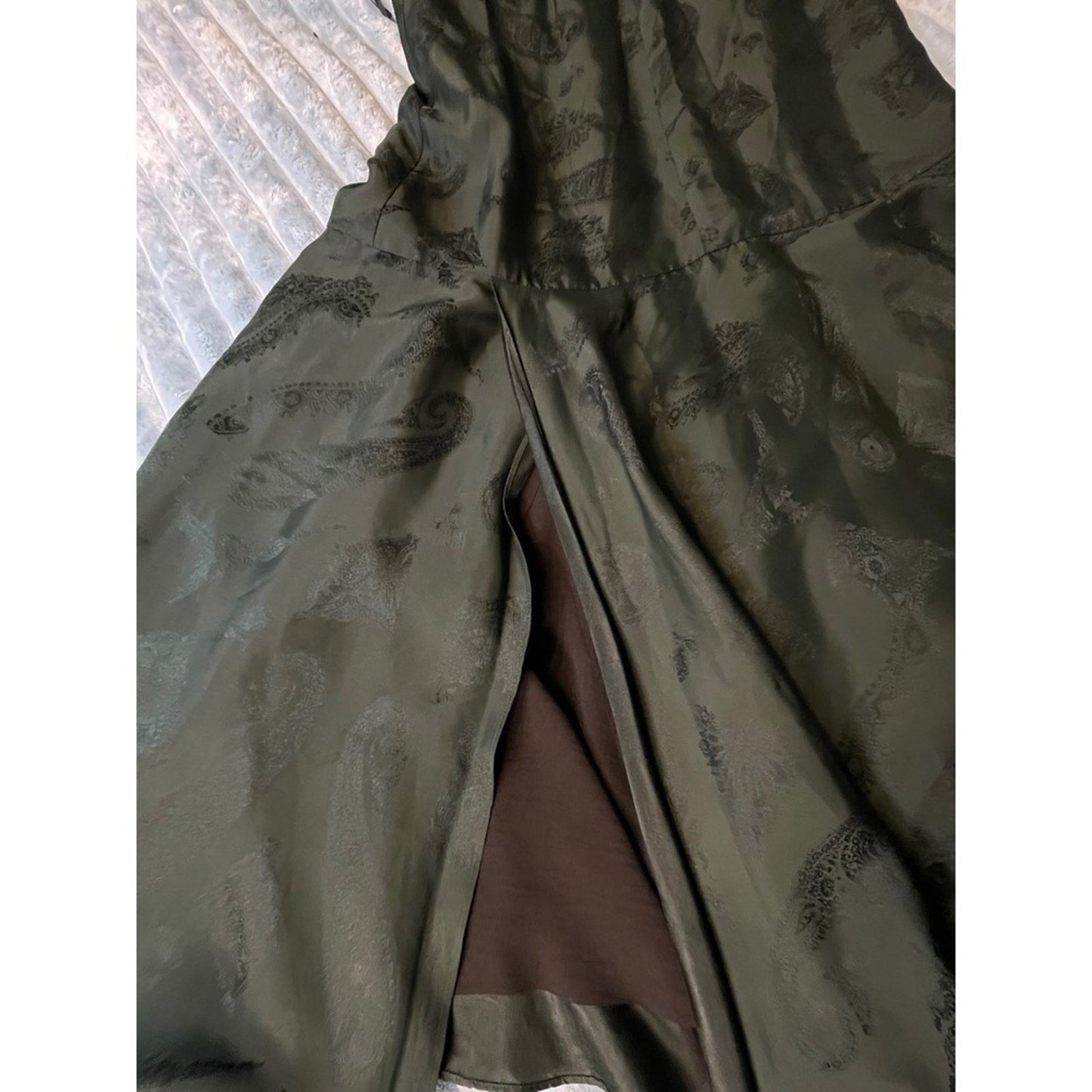 COS Paisley Print V Neck Midi Olive Green Sleeveless A Line Size 38 size S