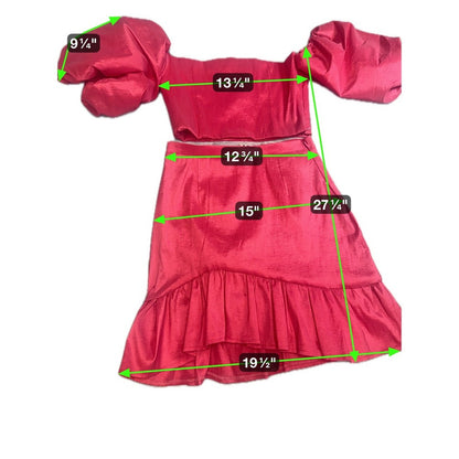 IRA Hot Pink Two Piece Set Puff Sleeve Crop Top Ruffle Hem Skirt Medium