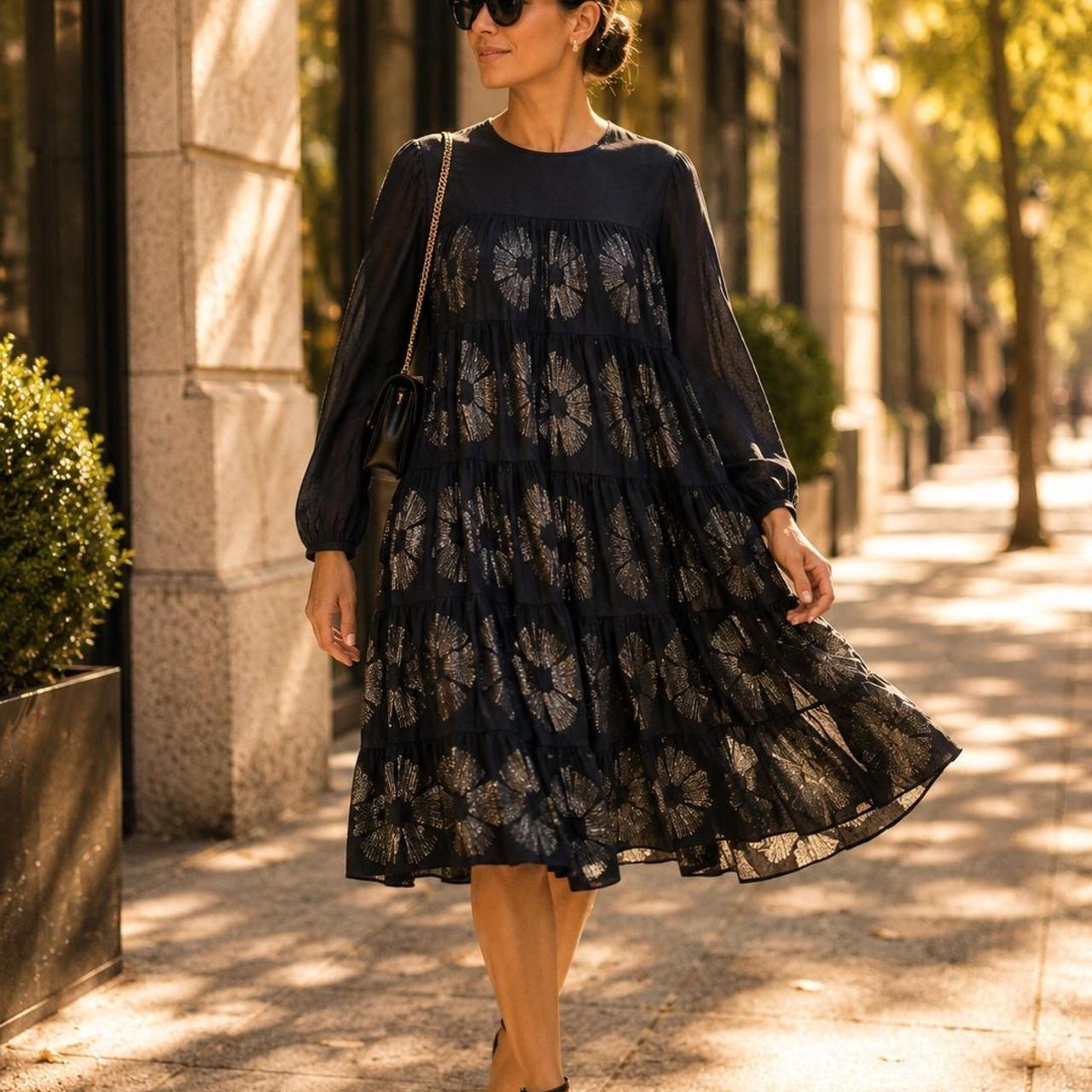 Merlette Navy Cotton Silk Metallic Floral Tiered Babydoll Dress Oversized