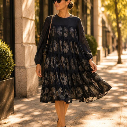 Merlette Navy Cotton Silk Metallic Floral Tiered Babydoll Dress Oversized