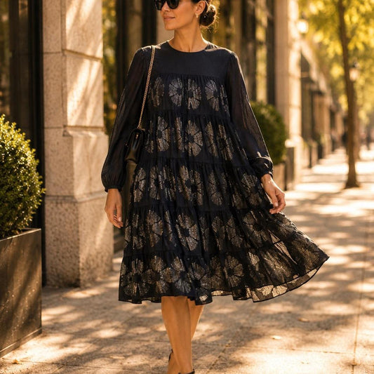 Merlette Navy Cotton Silk Metallic Floral Tiered Babydoll Dress Oversized