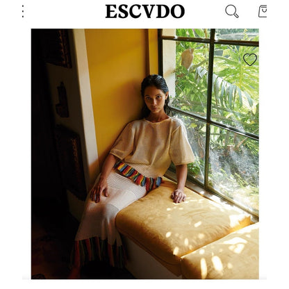 ESCVDO Carisa Crochet Fringe Hem Top Cream Multi Trim Knit Fest Boho – Size S