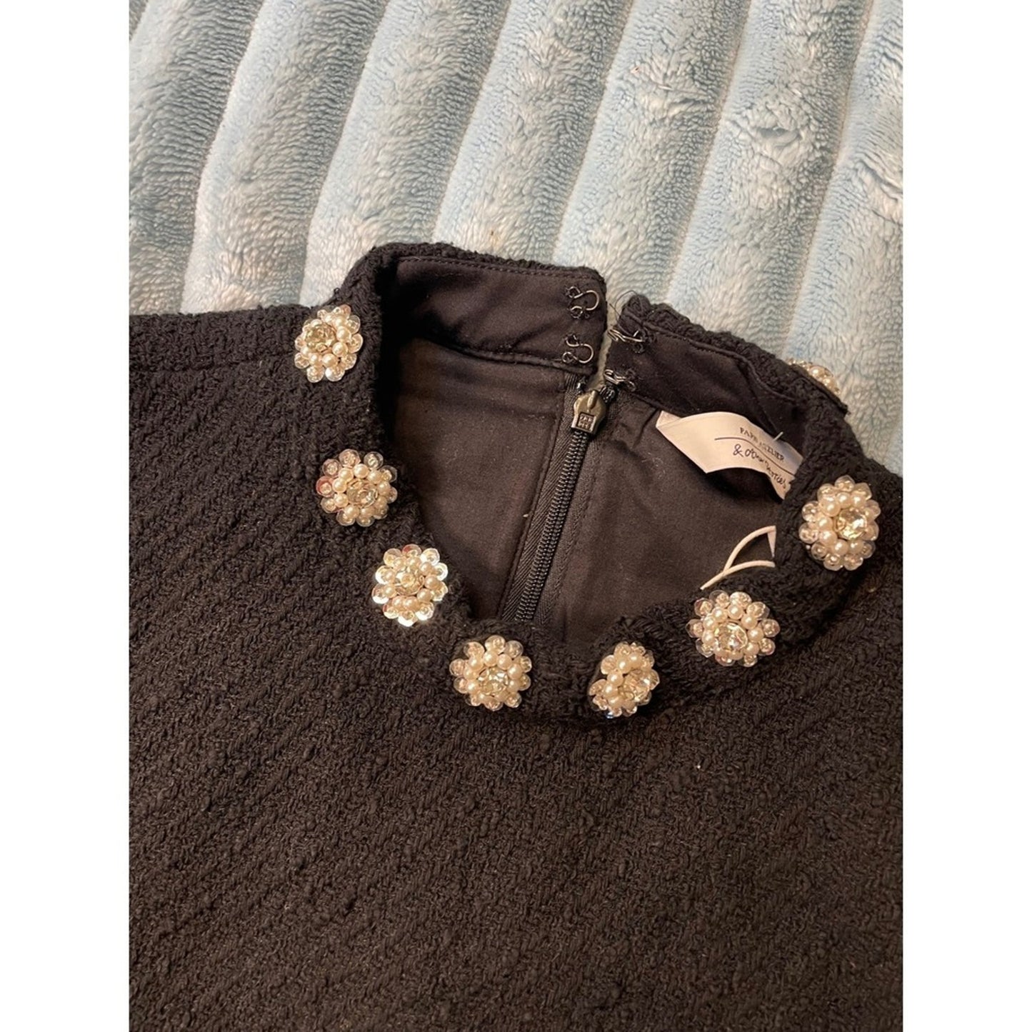 Other Stories Black Textured Short Sleeve Dress Embellished Collar