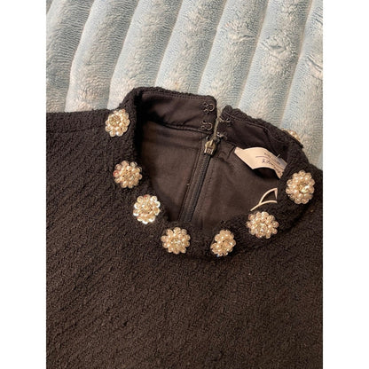 Other Stories Black Textured Short Sleeve Dress Embellished Collar