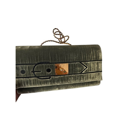 V73 Velvet Shoulder Bag Olive Green Chain Strap Buckle Flap Evening Clutch