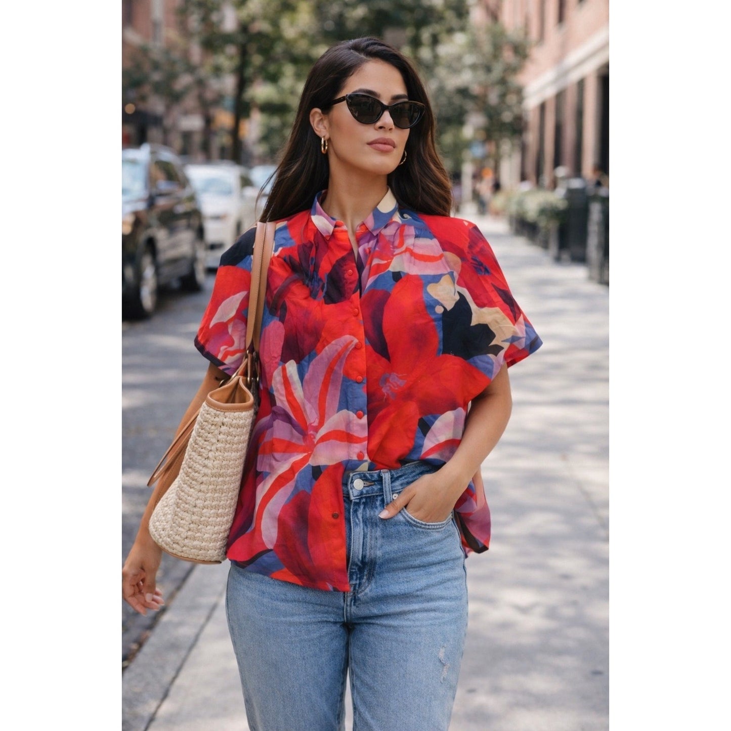 FARM RIO Button Front Blouse Red Pink Blue Floral Print Short Sleeve size S NWT