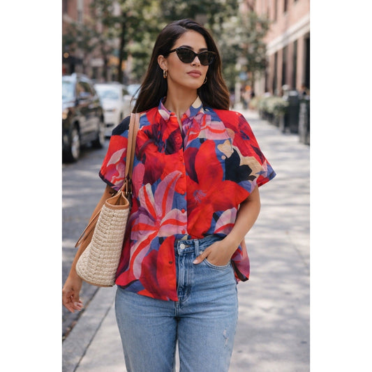 FARM RIO Button Front Blouse Red Pink Blue Floral Print Short Sleeve size S NWT