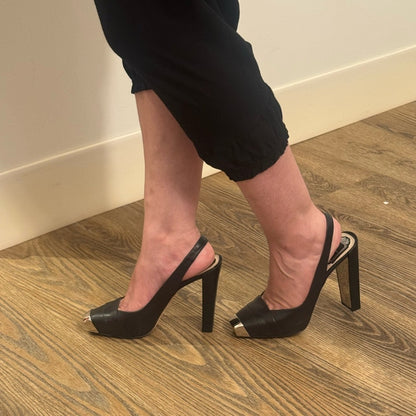 Christian Dior Slingback Heels Black Leather Silver Toe Cap Pumps Elegant S 8.5