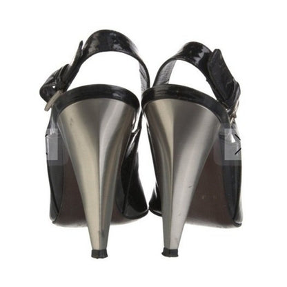 Stuart Weitzman Patent Leather Peep Toe Slingback Heels Women US 8 Black Silver
