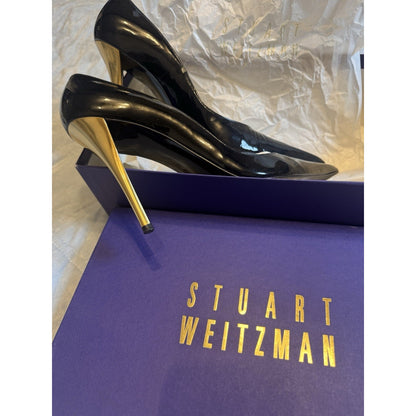Stuart Weitzman Black Patent Leather Gold Heel Pumps Size 8.5N