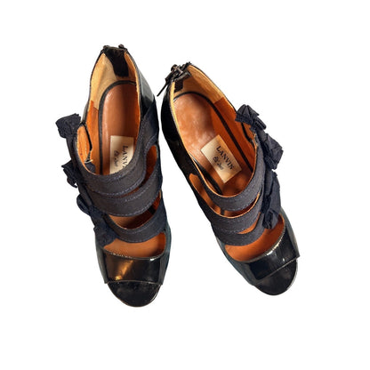 Lanvin Black Patent Leather Bow Gladiator Heels Shoes