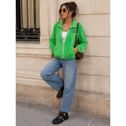 Gucci Green Velour Zip Up Track Jacket Rainbow Interlocking G Logo XS  in Italy