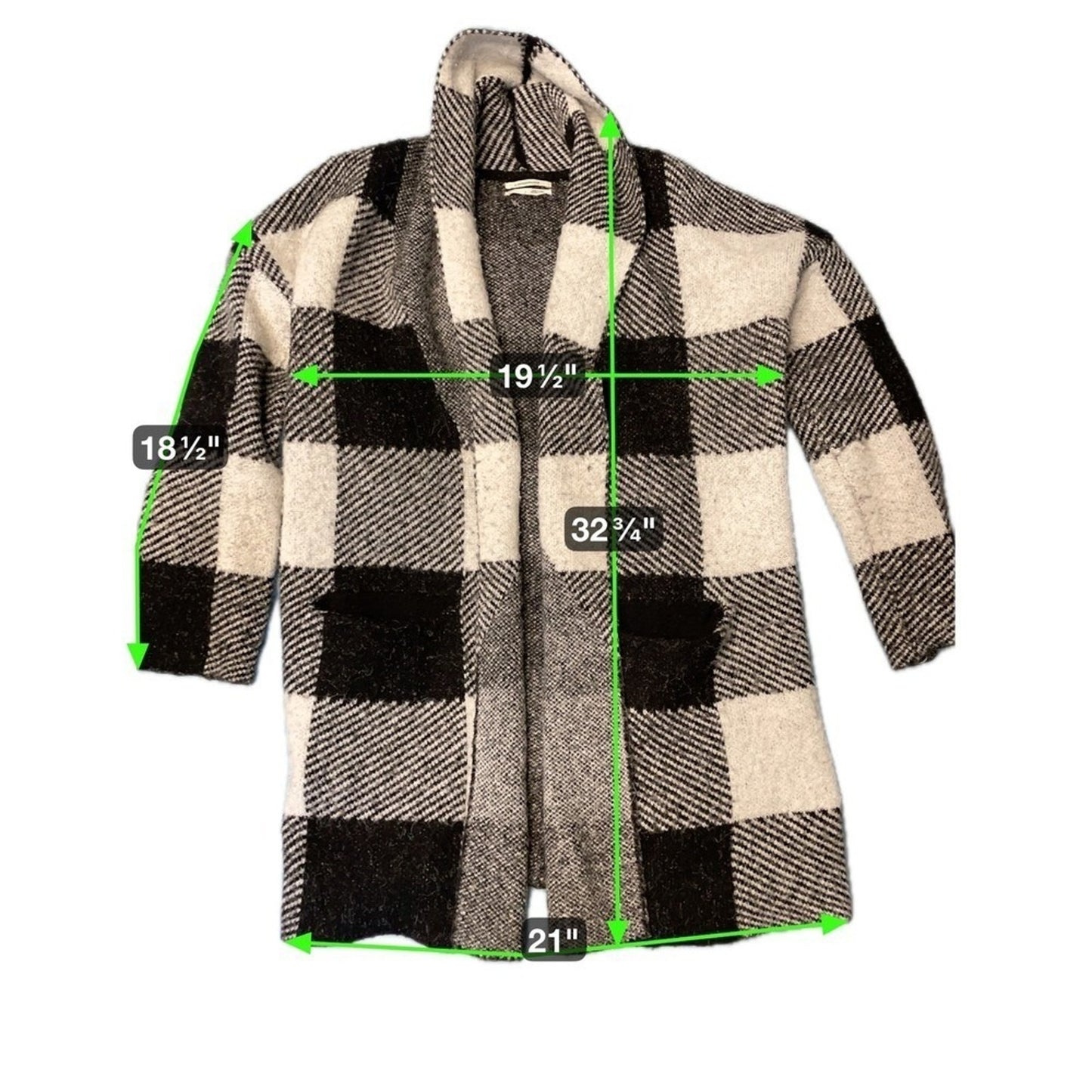 Anthropologie Plaid Long Open Front Knit Cardigan Jacket Black White size M