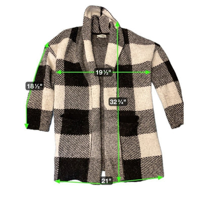 Anthropologie Plaid Long Open Front Knit Cardigan Jacket Black White size M