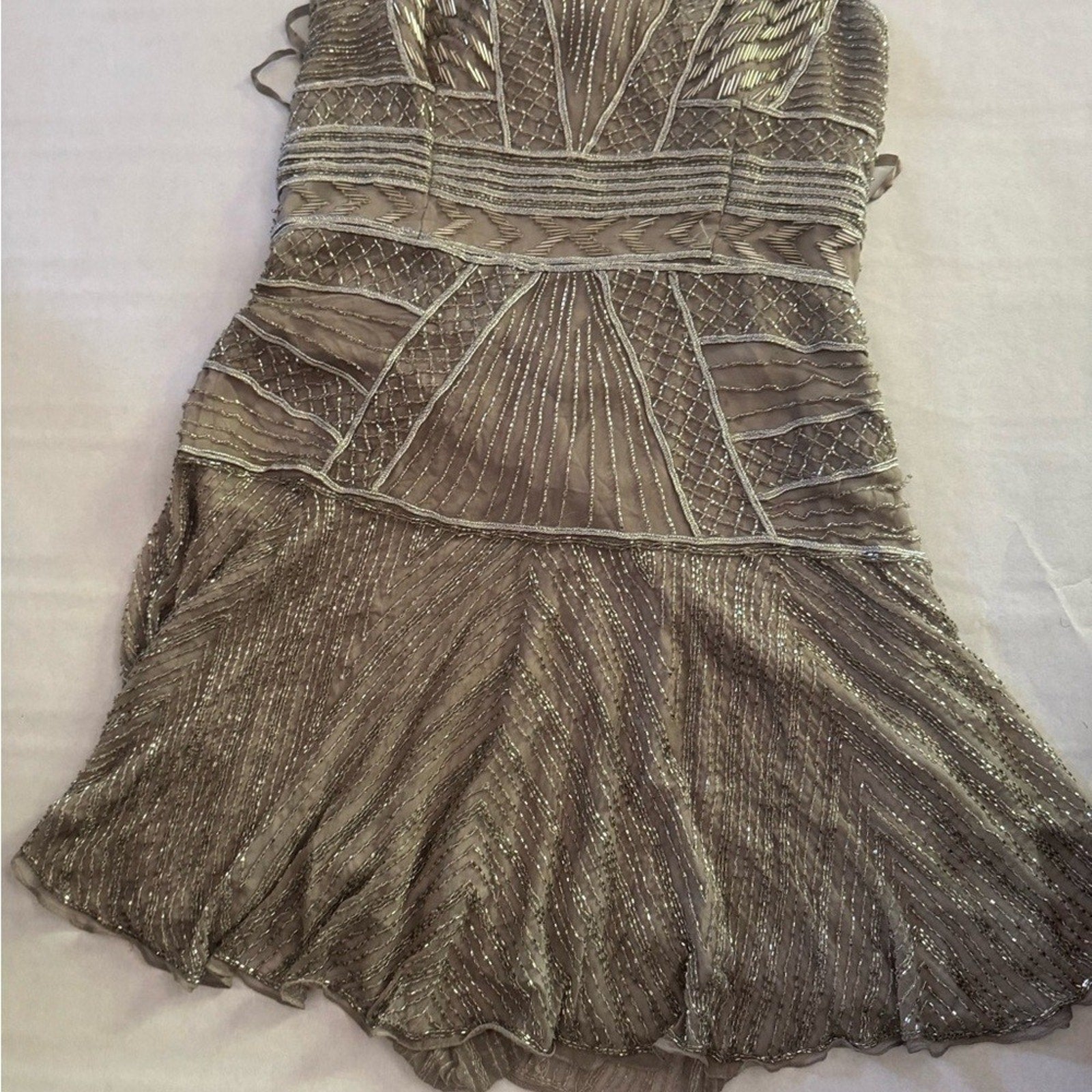 Parker Silver Grey Beaded Cocktail Mini Dress size L