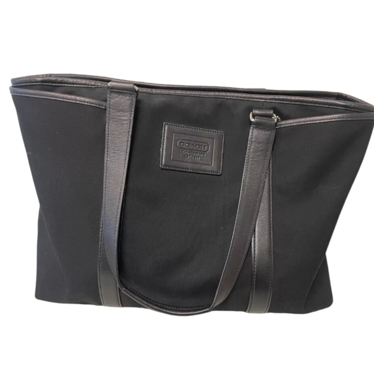 Coach Black Nylon Leather Trim Tote Bag Classic Style Zipper Top